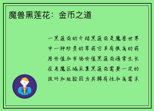 魔兽黑莲花：金币之道